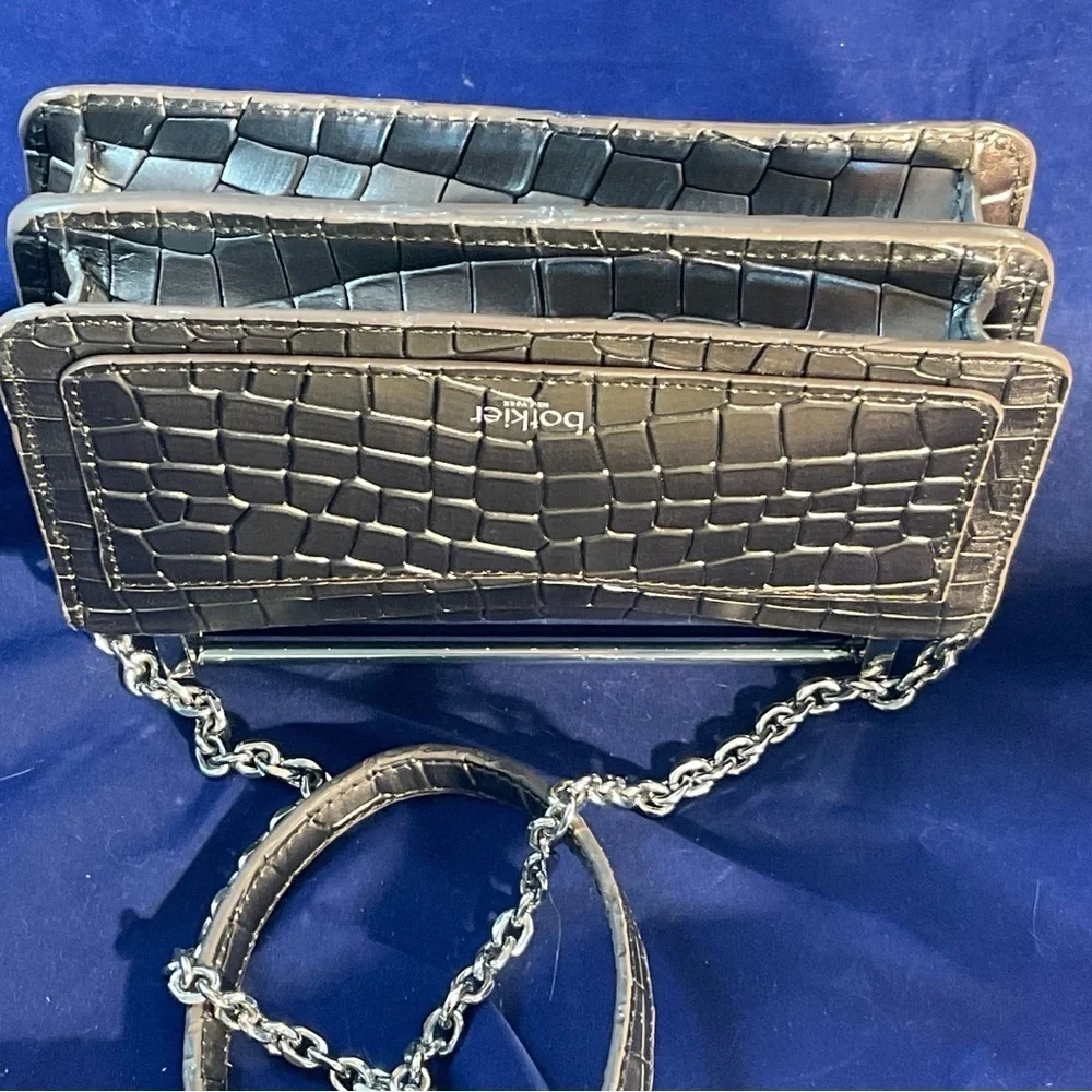 Botkier Metallic Croc-Embossed Leather Chain Crossbody Clutch Gunmetal
